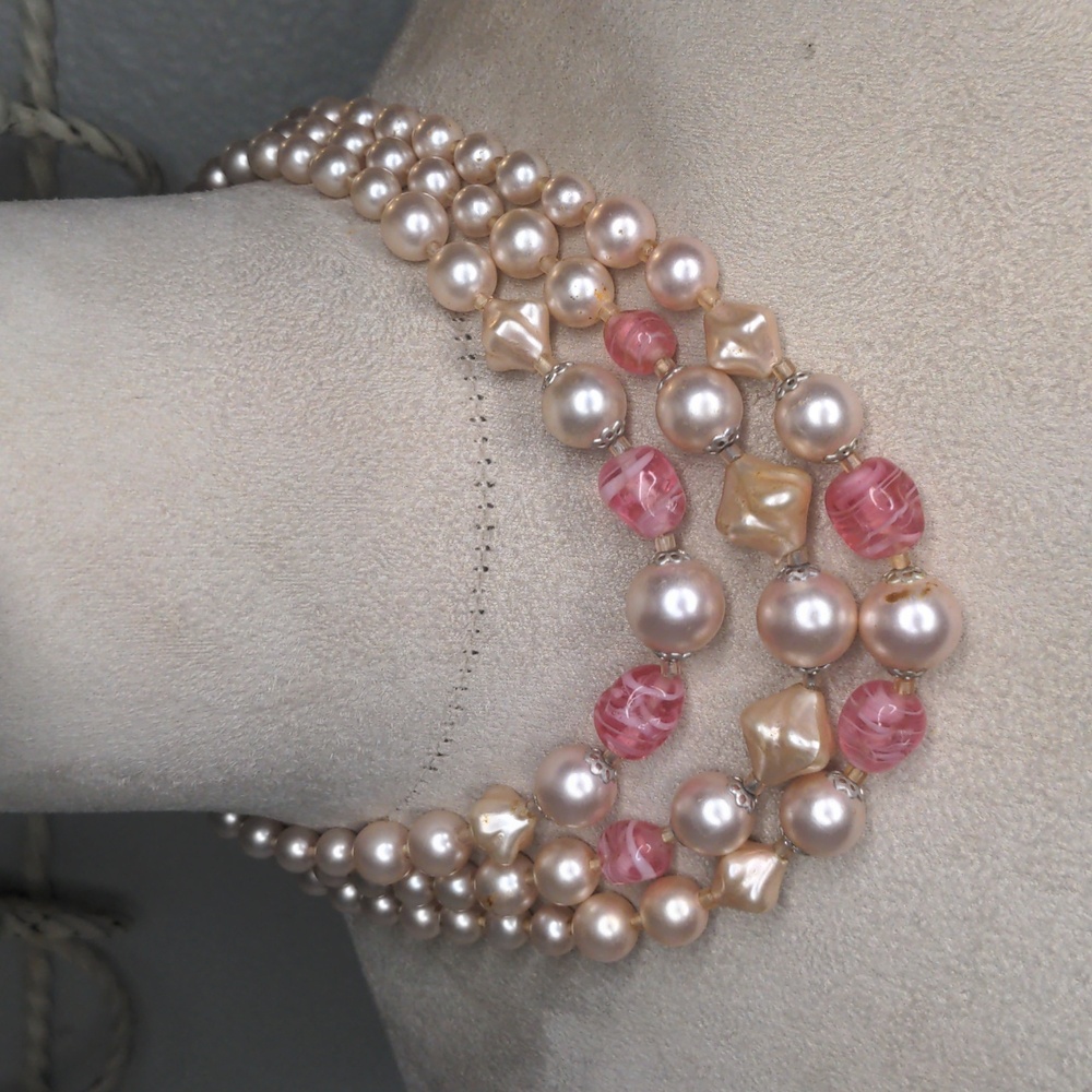 Vintage 60s Faux Pearl 3 Strand Necklace Pink Beaded Princess Japan MCM